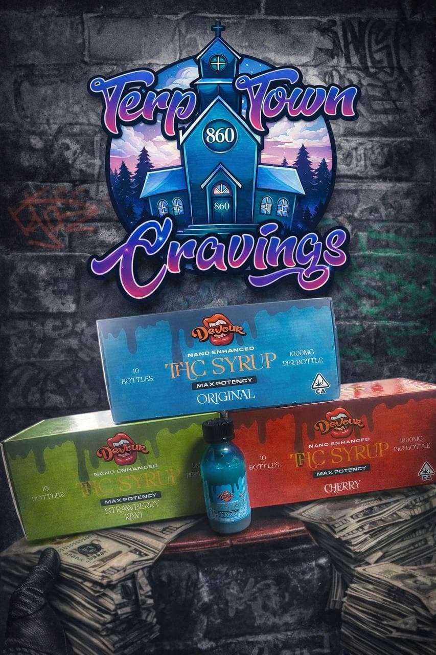 Devour THC syrup boxes and cash displayed under a Terp Town Cravings church logo.
