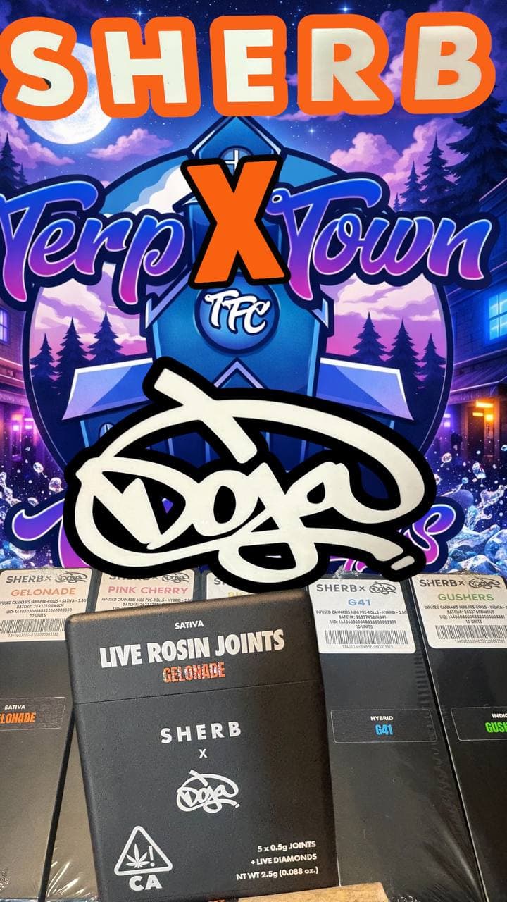 SHERB and Terp Town cannabis branding featuring Doja logo and various live rosin joint boxes.
