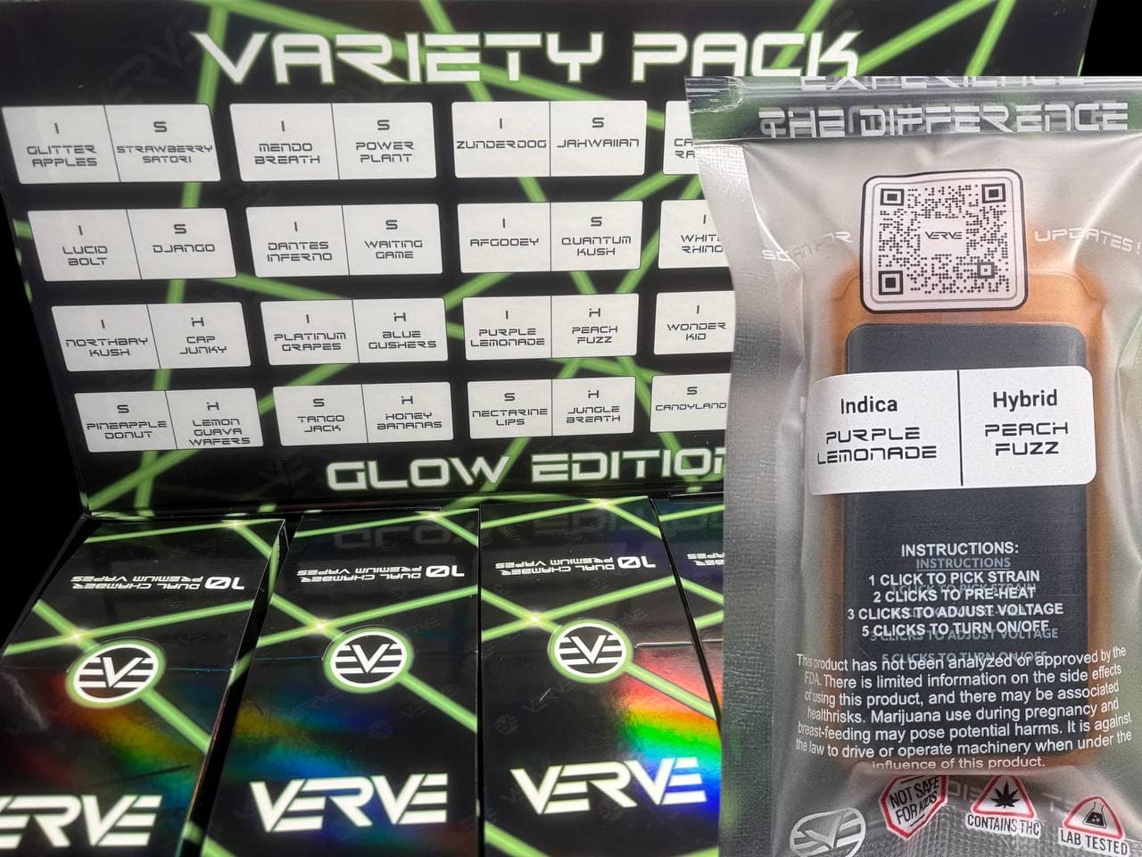 Verve Glow Edition cannabis vape variety pack menu and a dual-chamber vape in packaging.
