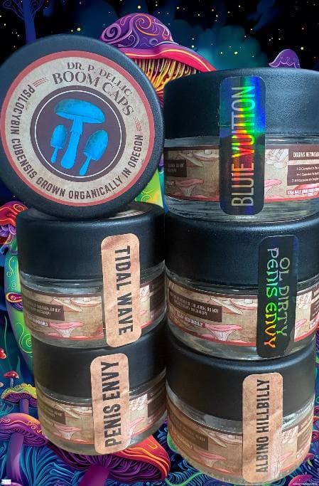 Stacked jars of psilocybin mushroom products with various strain labels against a psychedelic background.
