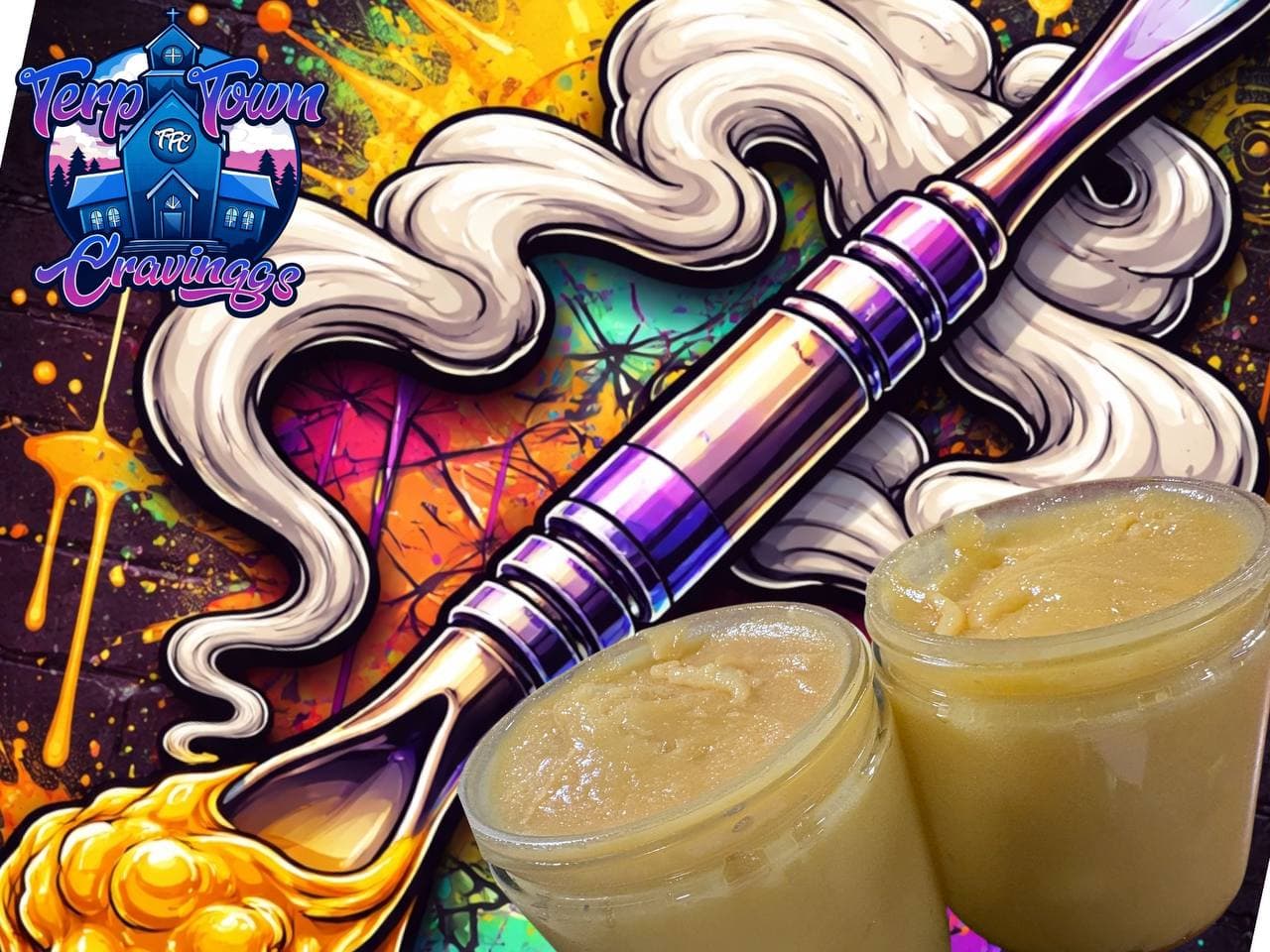 Two jars of golden cannabis concentrate against a vibrant, illustrated background with a dab tool.