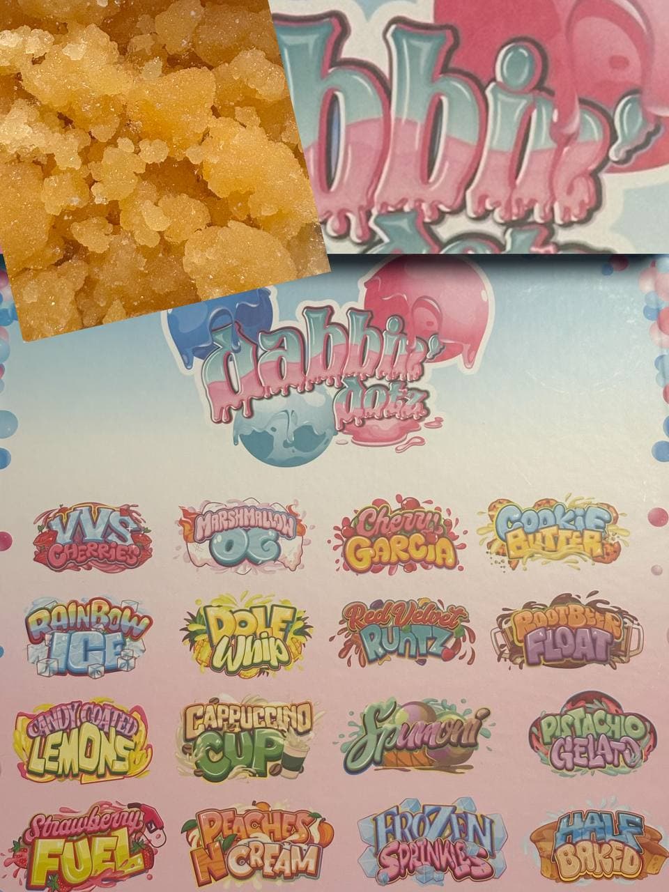 Amber cannabis concentrate beside a Dabbie brand menu displaying sixteen vibrant, stylized flavor logos.