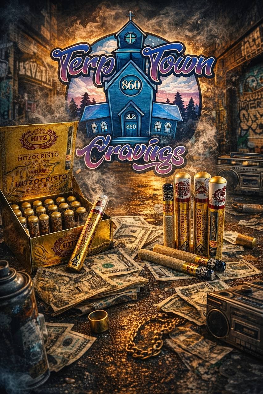 Hitzocristo pre-rolls and cash on a table under a Terp Town Cravings church logo.