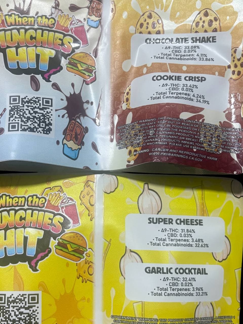 Cannabis product labels for four food-themed strains with detailed cannabinoid and terpene profile information.
