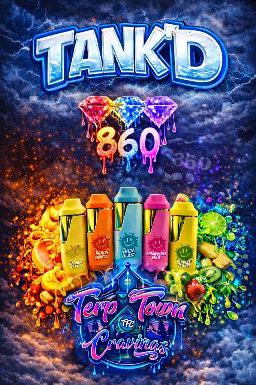 Five colorful vape pens with fruit flavors against a stormy sky with neon Tank'd branding.