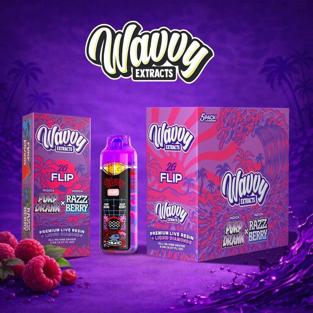 Wavy Extracts Purp Drank x Razz Berry 2G FLIP vape device with colorful purple packaging.