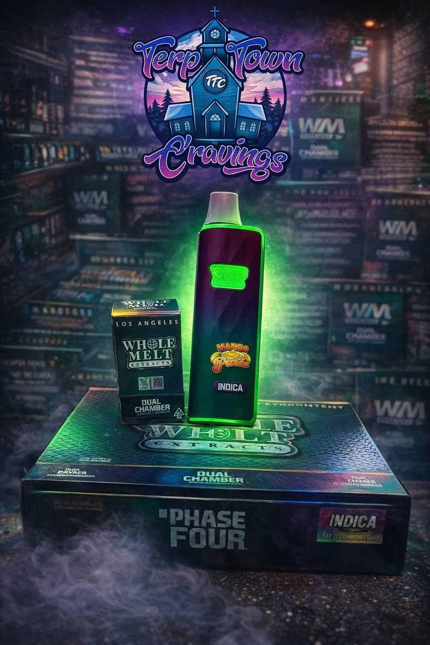 Glowing green Whole Melt Extracts vape pen and packaging for Phase Four Indica products.